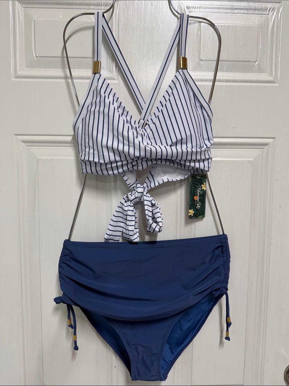 Striped White & Navy Tie-Front Bikini Set